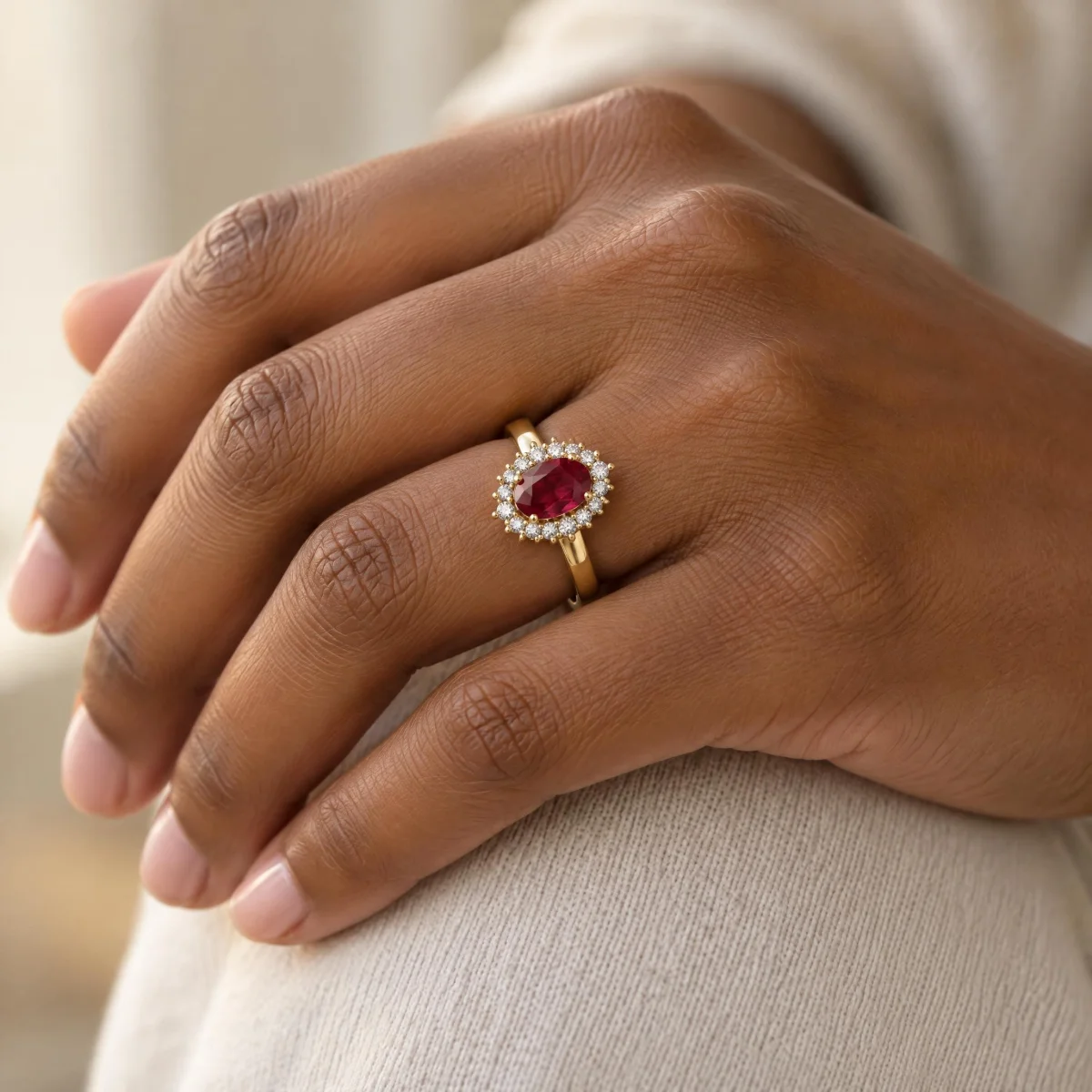 Anel de Formatura de Odontologia Feminino Moldura em ouro 18k, na mão de uma modelo