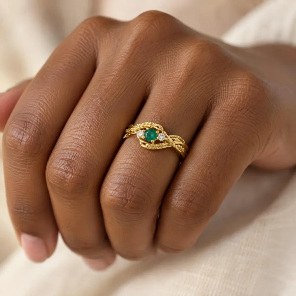 Anel de Formatura de Ouro 18k Onda Granulada, na mão de uma modelo