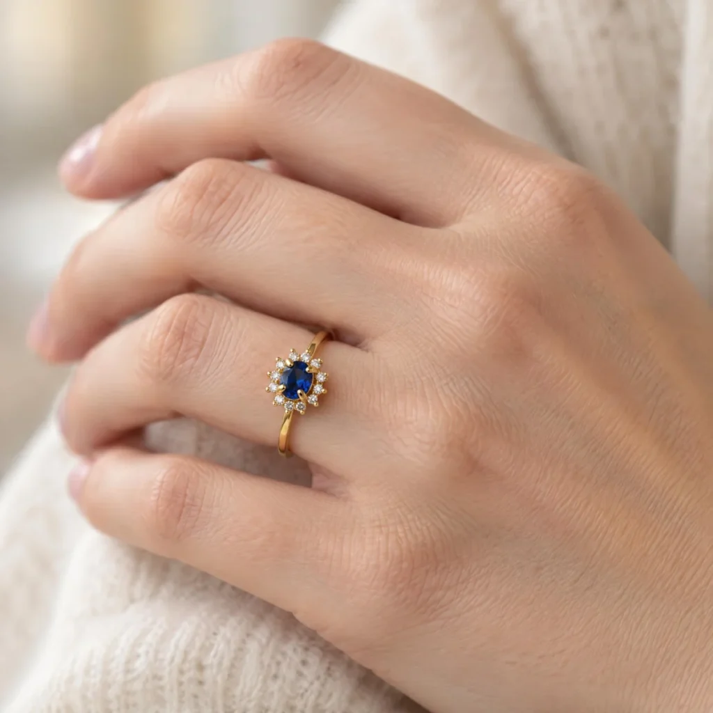 Anel de Formatura de Psicologia Feminino Safira Halo em ouro 18k, na mão de uma modelo
