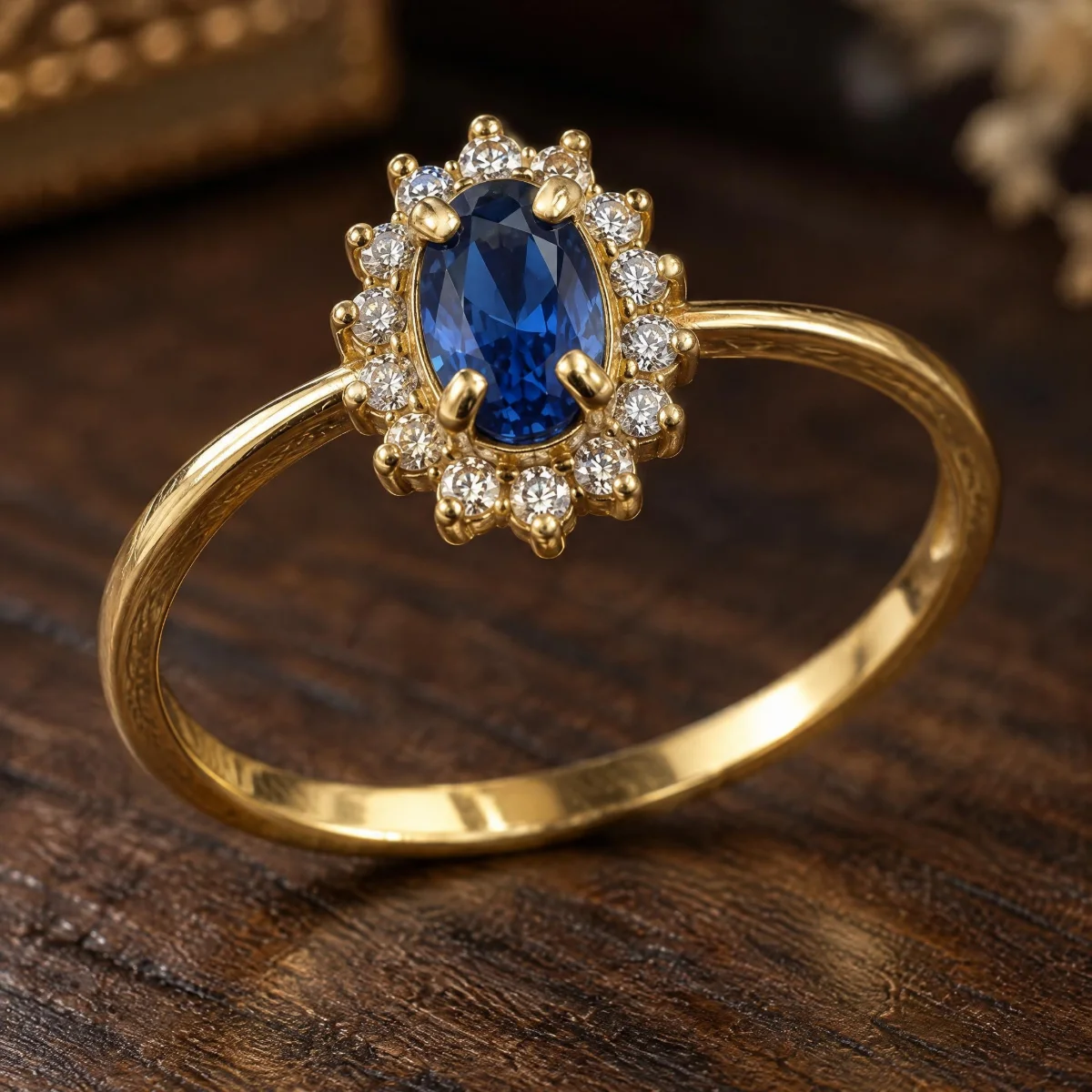 Anel de Formatura de Psicologia Feminino Safira Halo em ouro 18k, em foto de estúdio