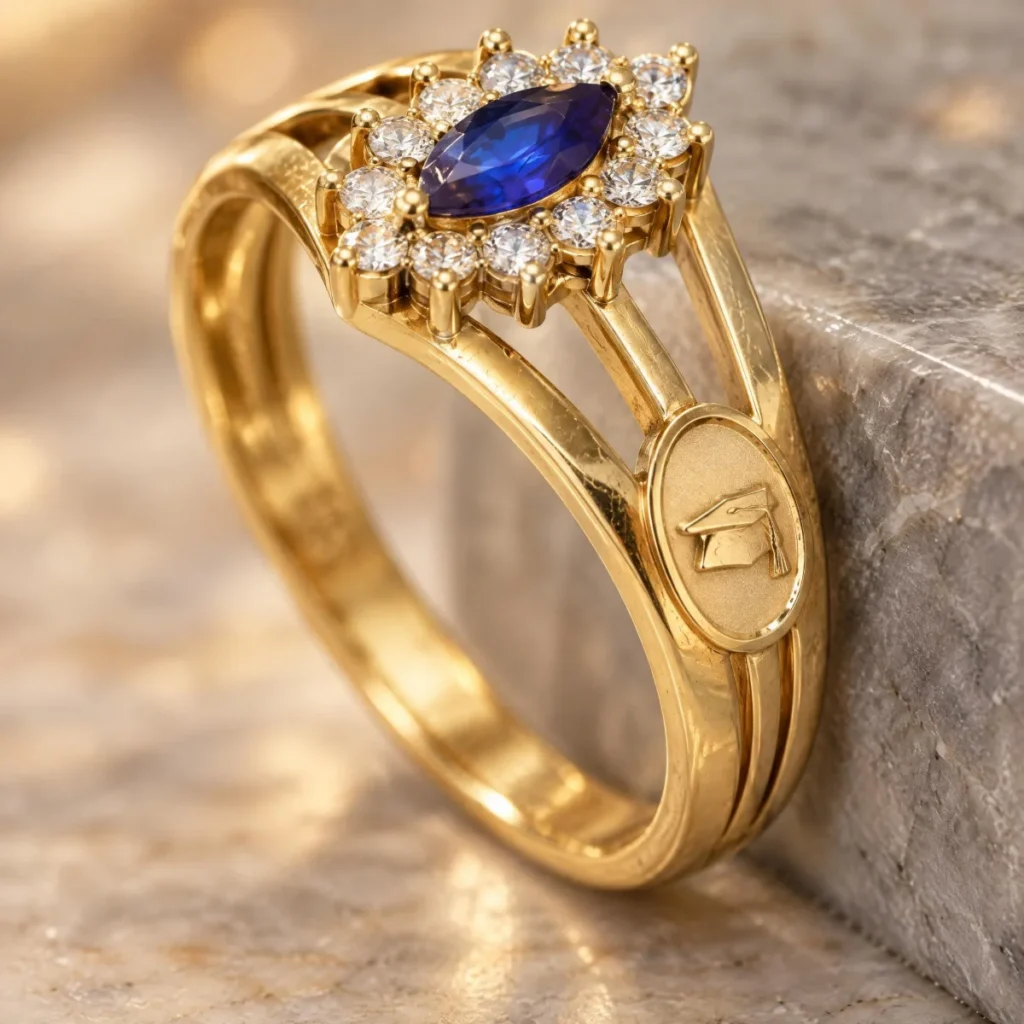 Anel de Formatura de Psicologia Safira Emblema em ouro 18k, em foto de estúdio