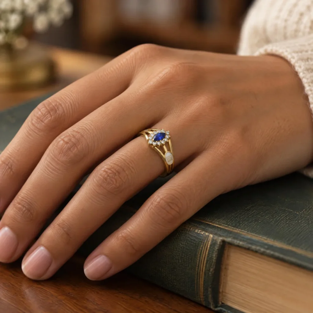 Anel de Formatura de Psicologia Safira Emblema em ouro 18k, na mão de uma modelo