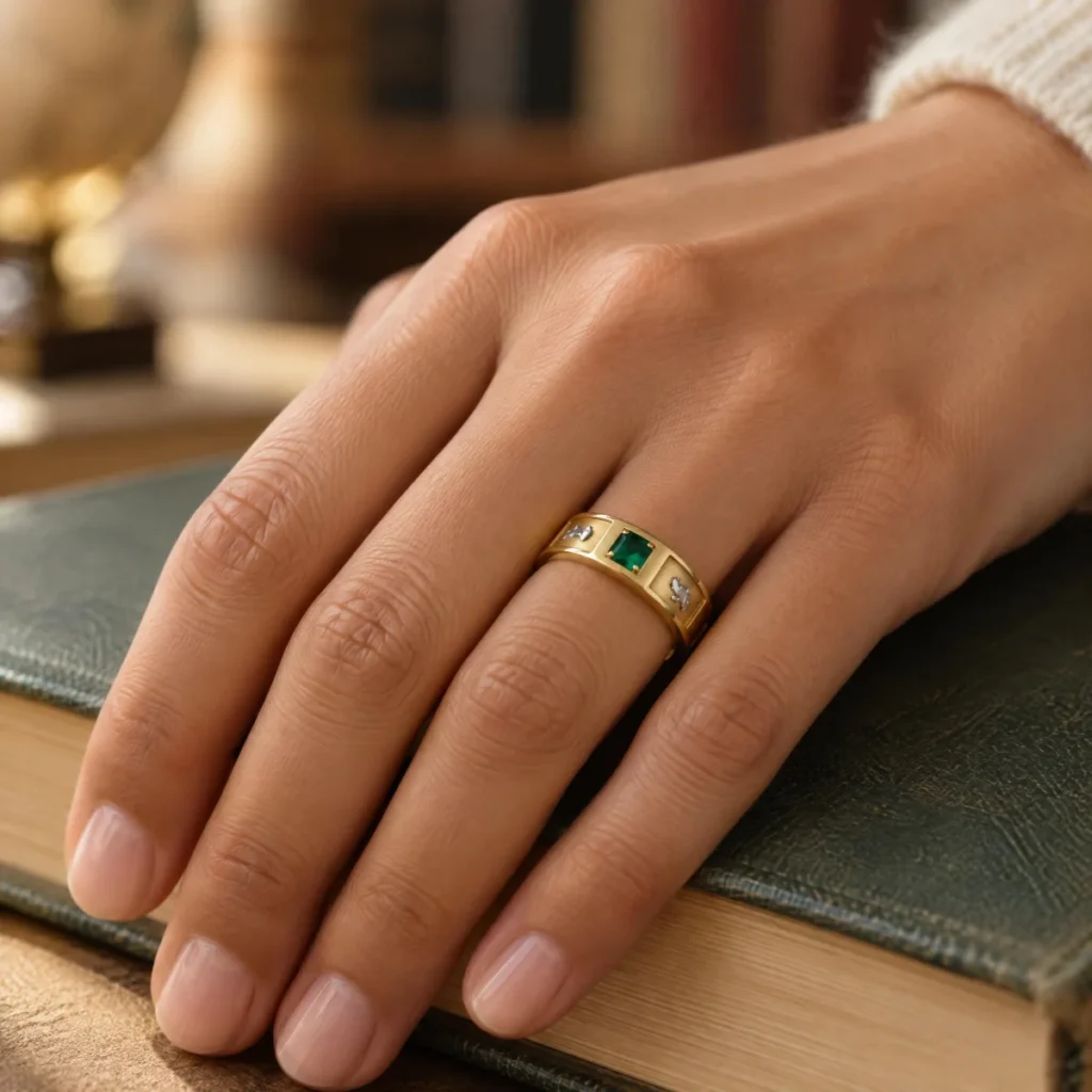 Anel de Formatura em Ouro 18k Emblema Duplo, na mão de uma modelo
