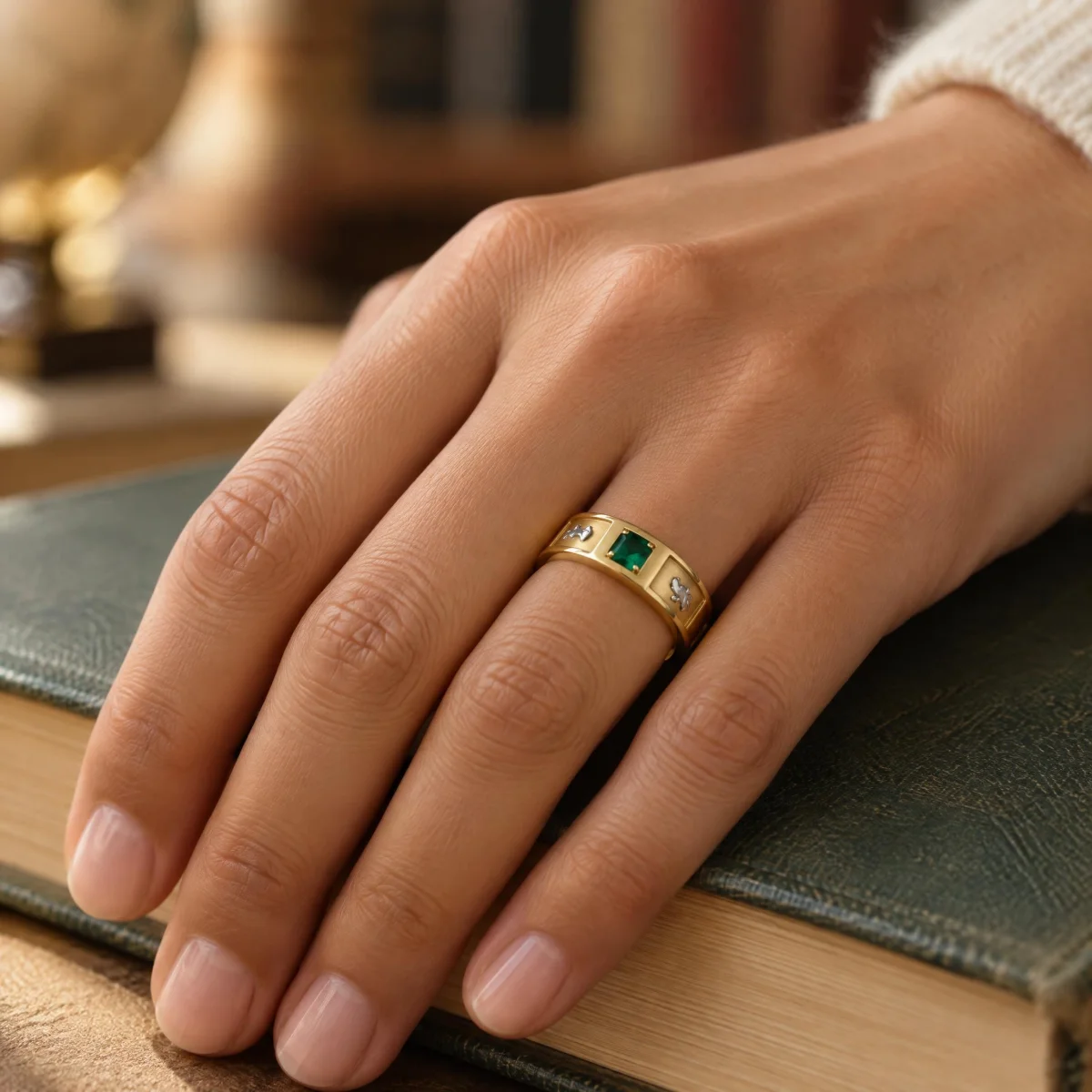 Anel de Formatura em Ouro 18k Emblema Duplo, na mão de uma modelo