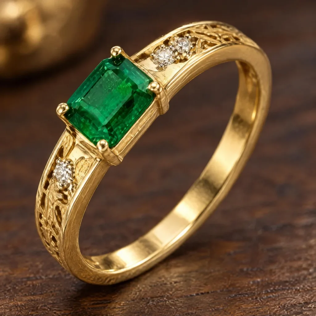 Anel de Formatura Esmeralda Feminino Arabesco em ouro 18k, em foto de estúdio