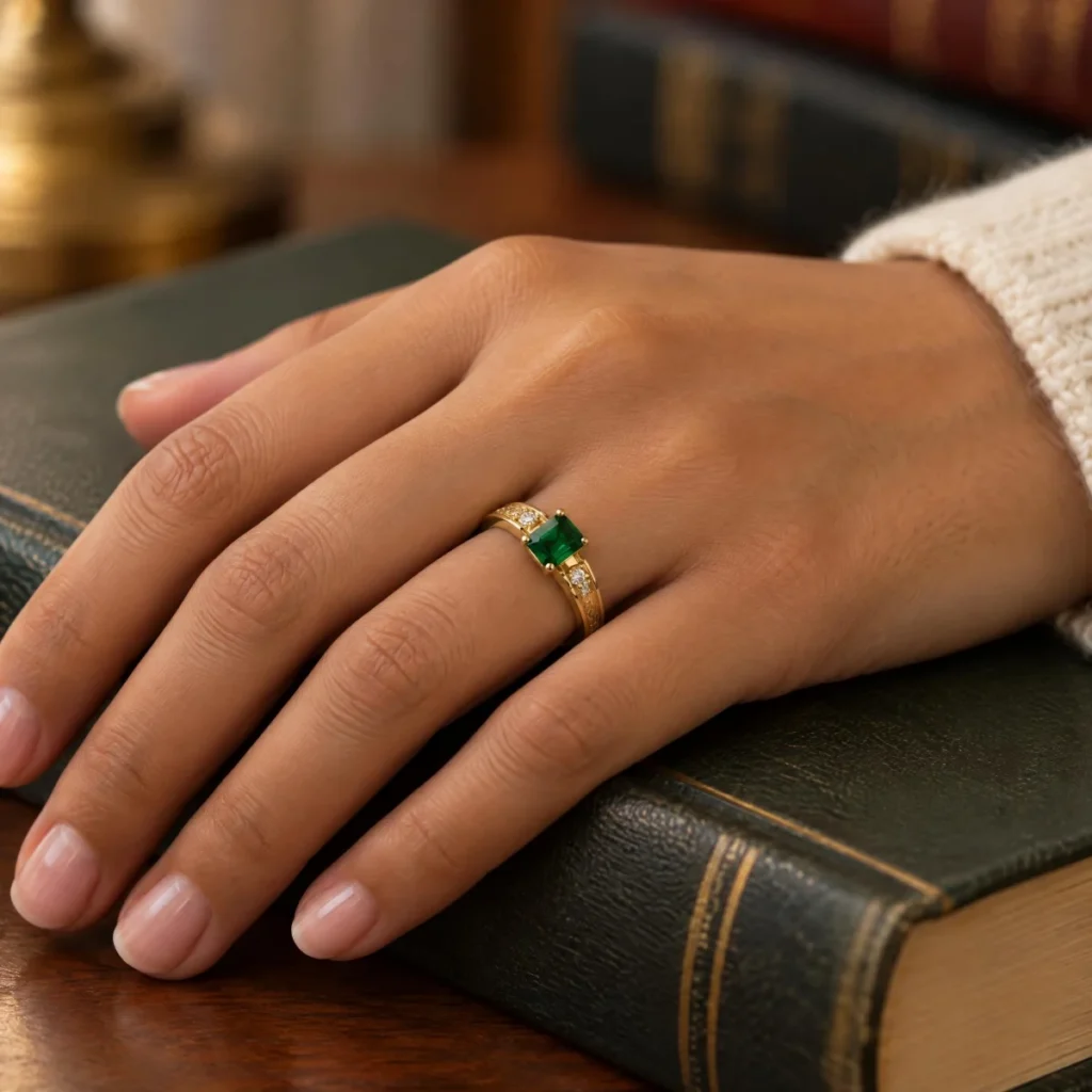 Anel de Formatura Esmeralda Feminino Arabesco em ouro 18k, na mão de uma modelo