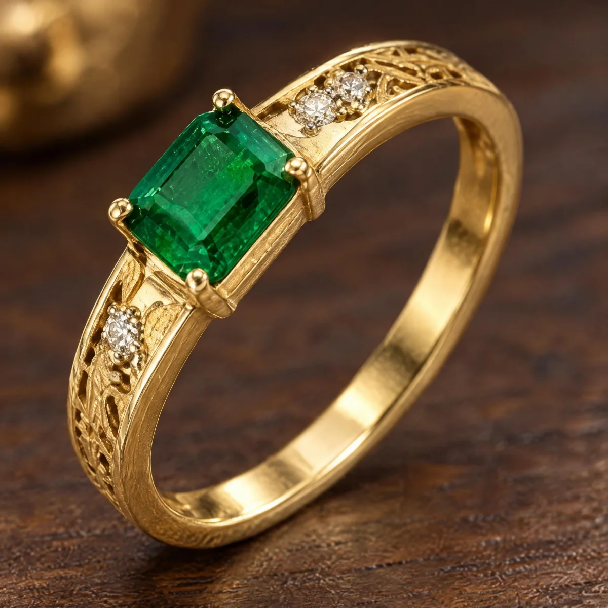 Anel de Formatura Esmeralda Feminino Arabesco em ouro 18k, em foto de estúdio