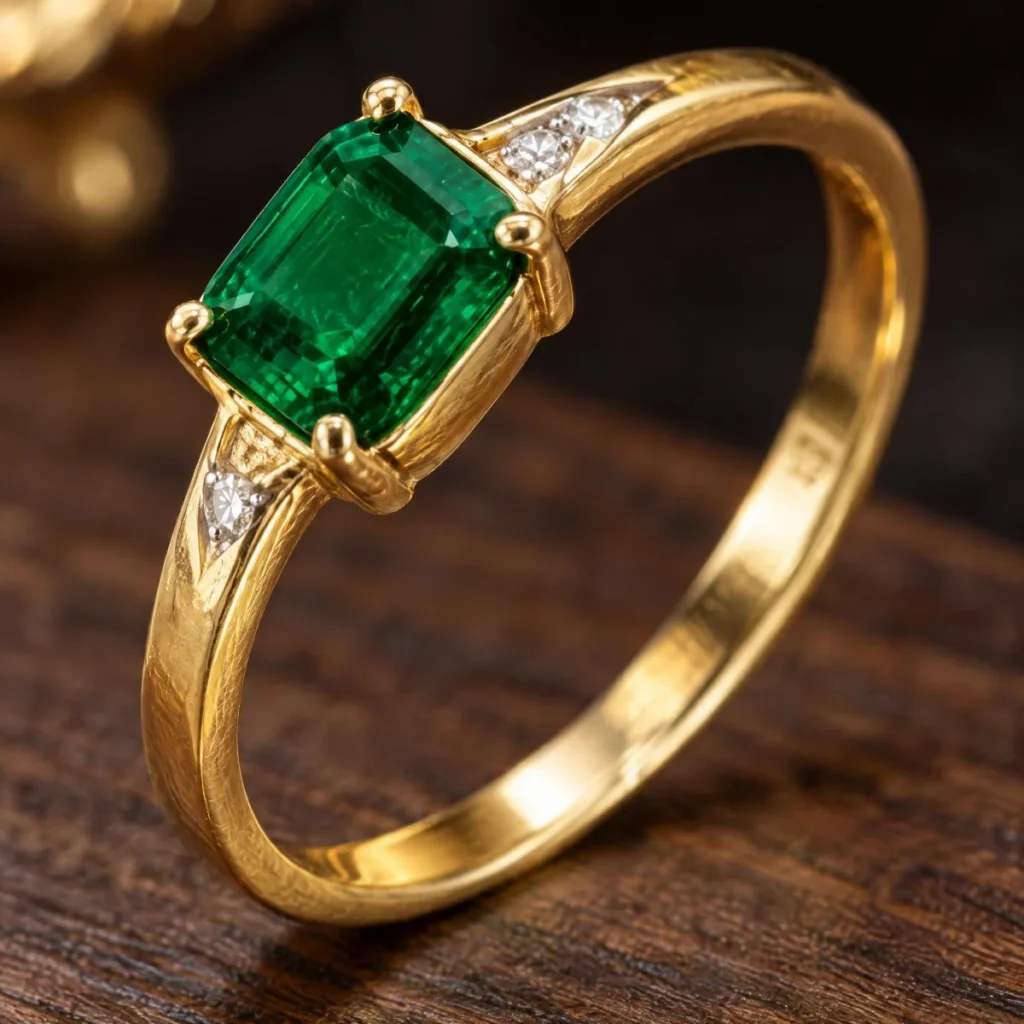 Anel de Formatura Esmeralda Lateral em ouro 18k, em foto de estúdio