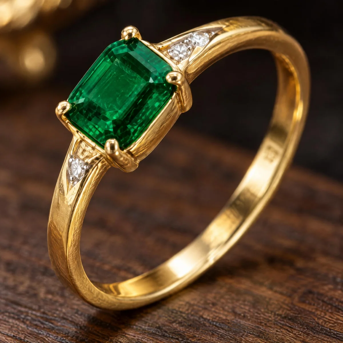 Anel de Formatura Esmeralda Lateral em ouro 18k, em foto de estúdio