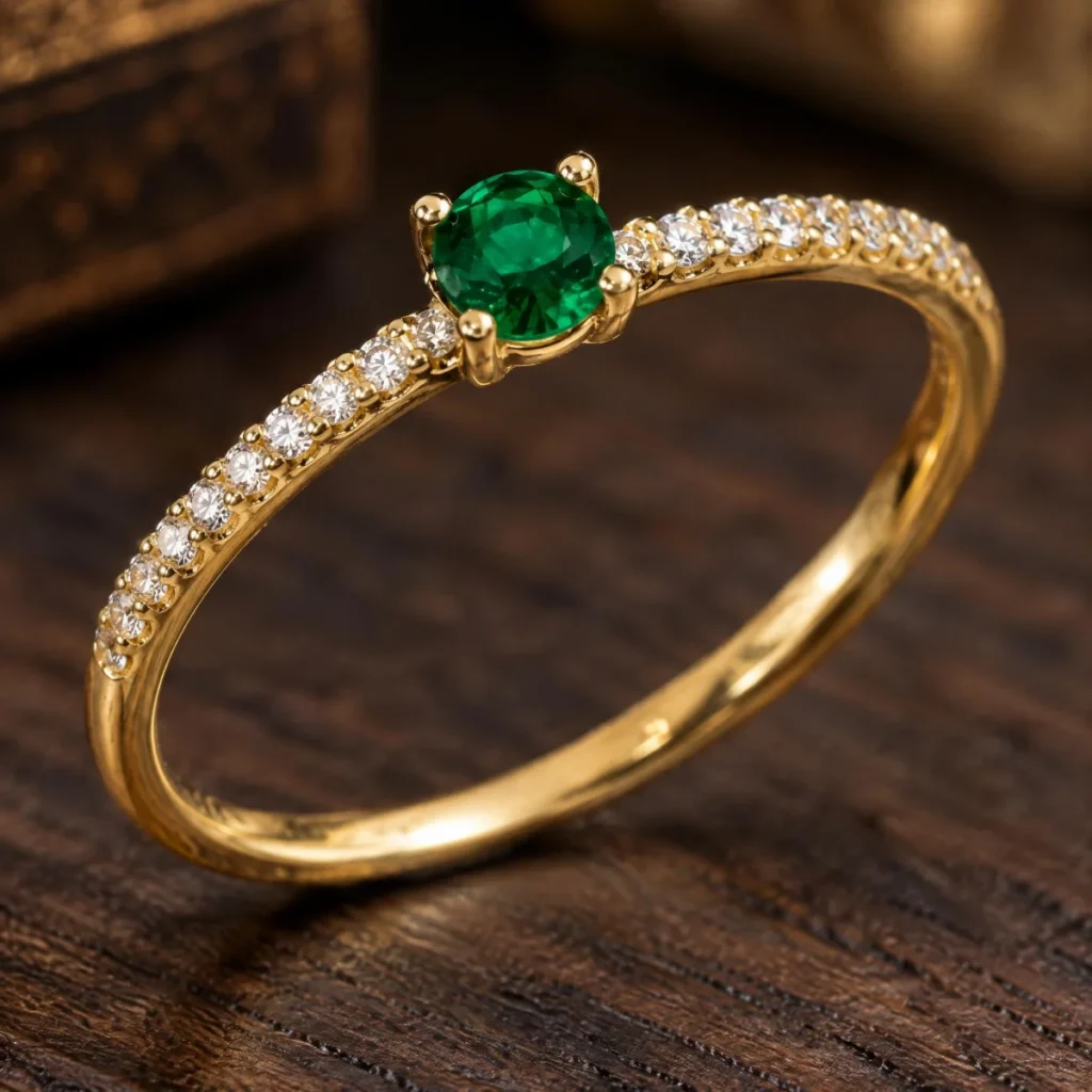 Anel de Formatura Feminino Fio Esmeralda em ouro 18k, em foto de estúdio