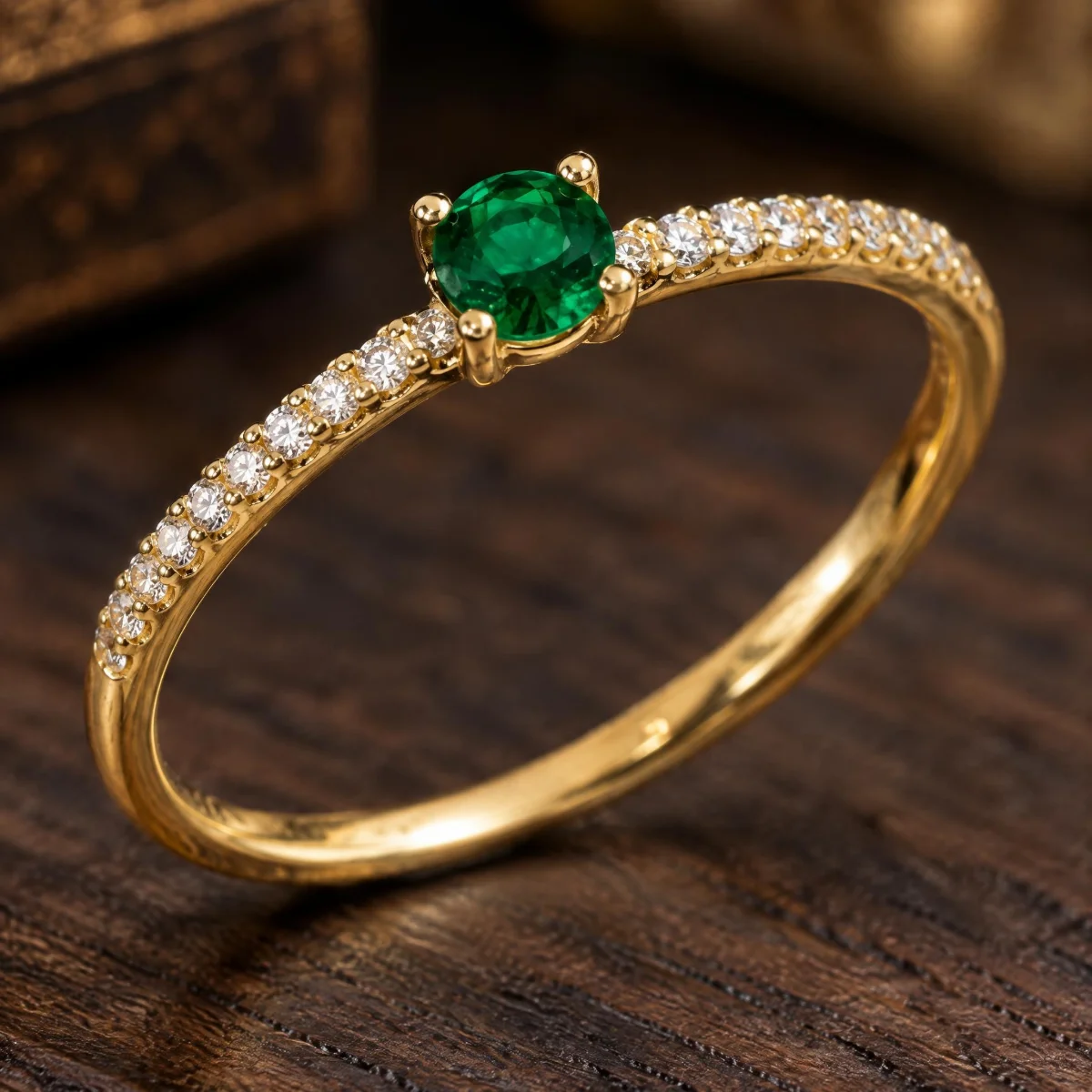 Anel de Formatura Feminino Fio Esmeralda em ouro 18k, em foto de estúdio