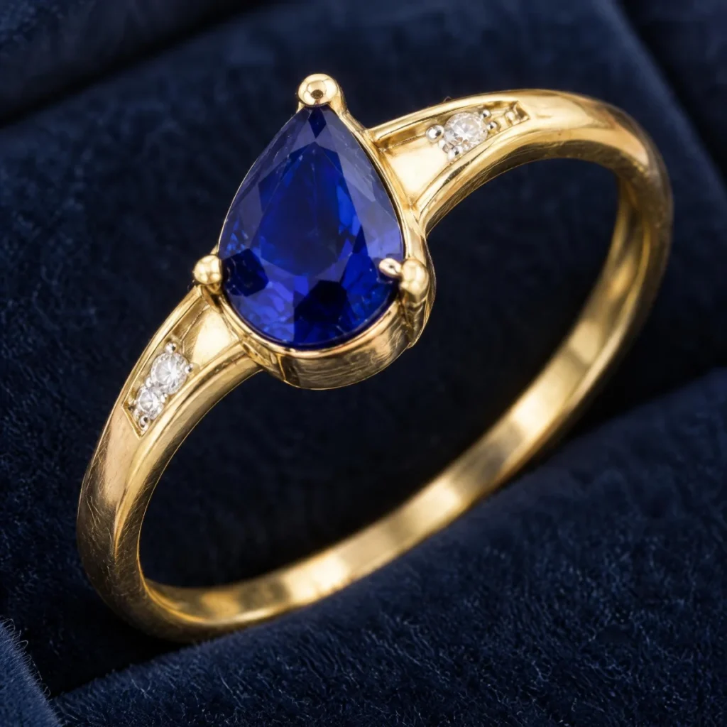 Anel de Formatura Gota Safira em ouro 18k, em foto de estúdio