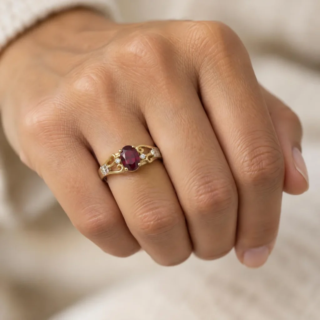 Anel de Formatura Granada Voluta em ouro 18k, na mão de uma modelo