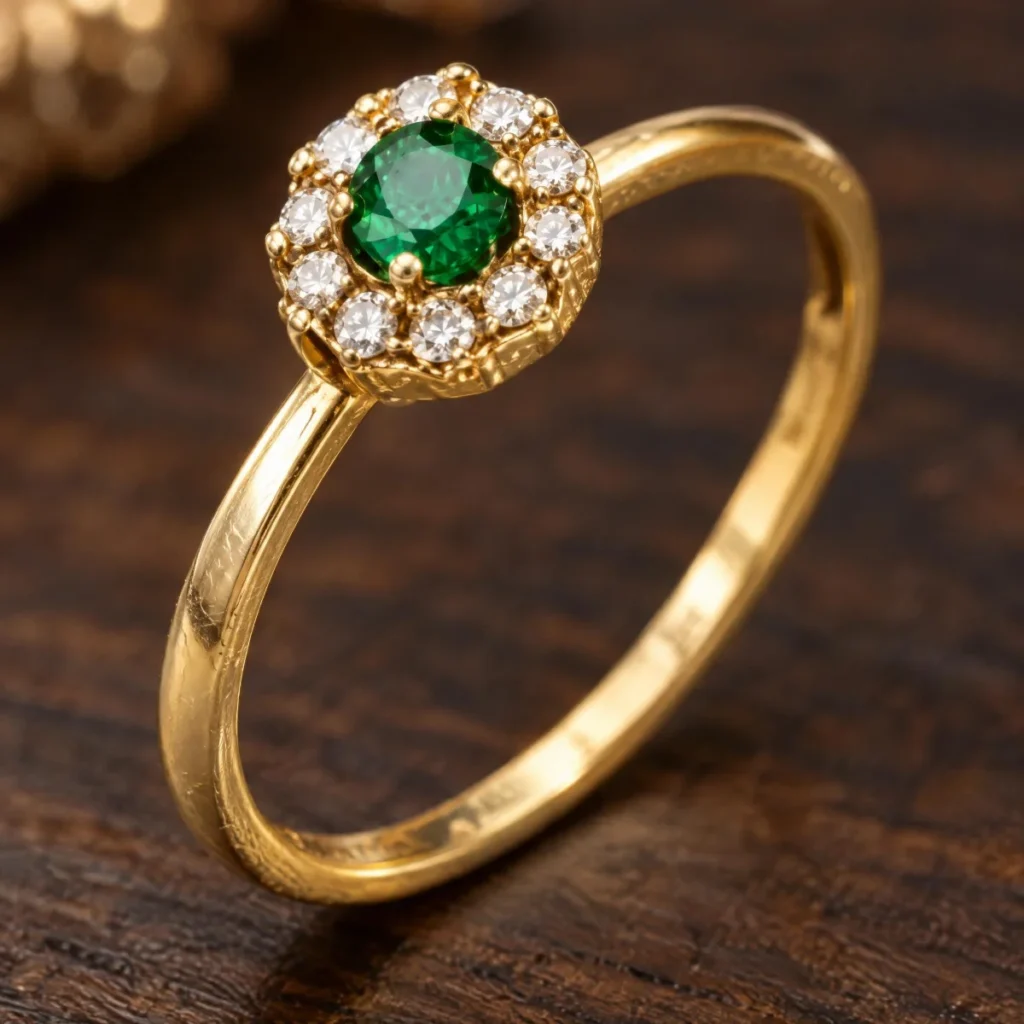 Anel de Formatura Ponto Halo Verde em ouro 18k, em foto de estúdio