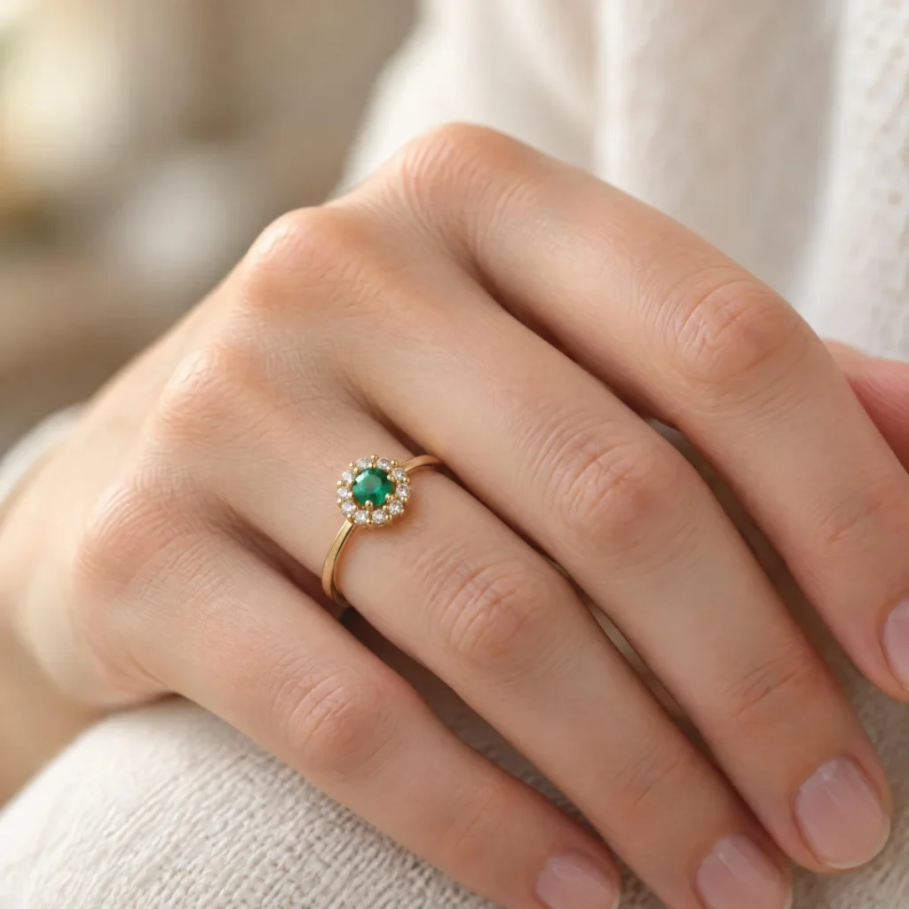 Anel de Formatura Ponto Halo Verde em ouro 18k, na mão de uma modelo