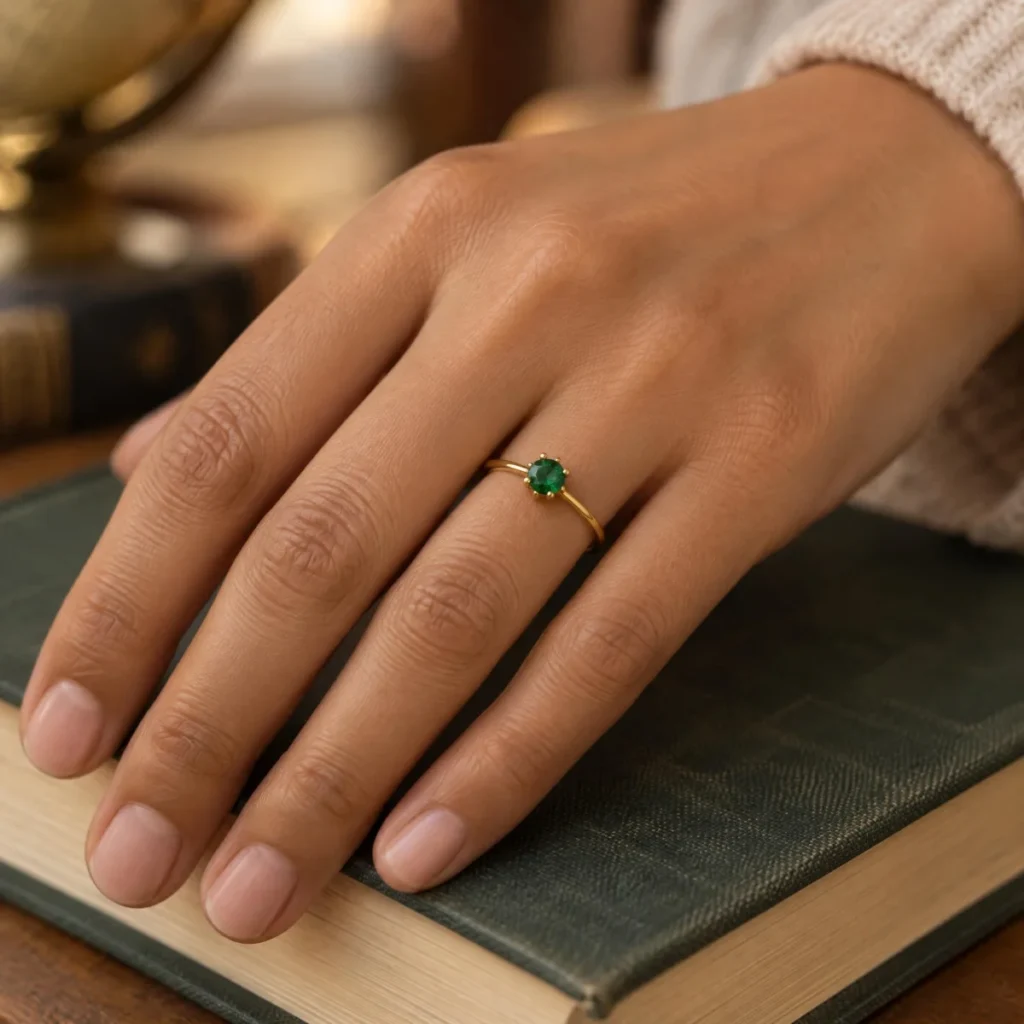 Anel de Formatura Ponto Verde em ouro 18k, na mão de uma modelo