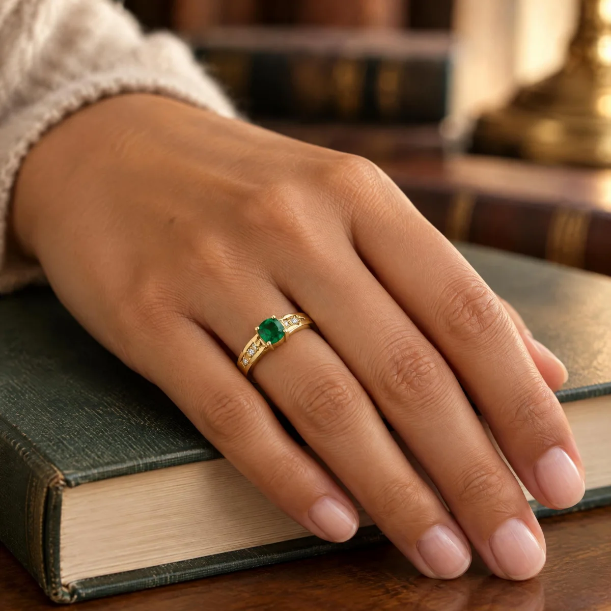 Anel de Formatura Quadrado Esmeralda em ouro 18k, na mão de uma modelo