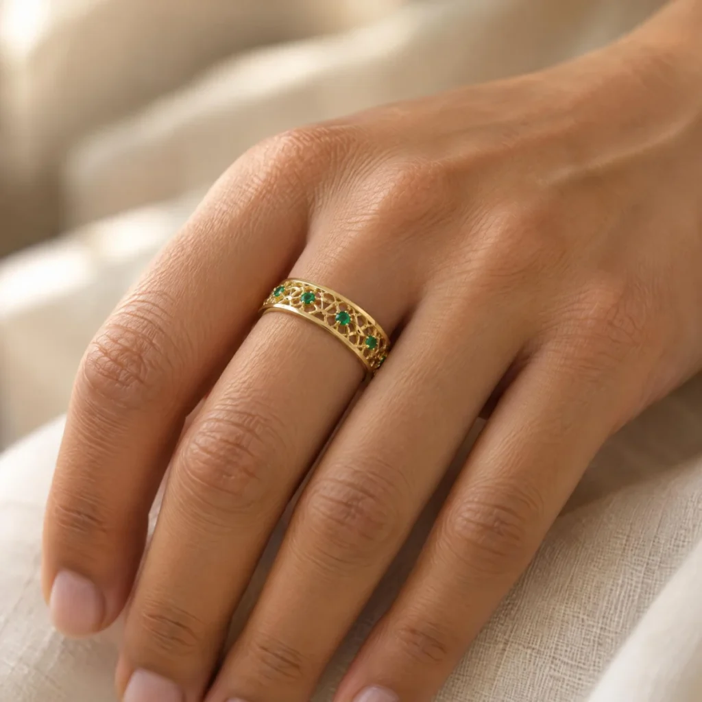 Anel de Formatura Renda Dupla em ouro 18k, na mão de uma modelo