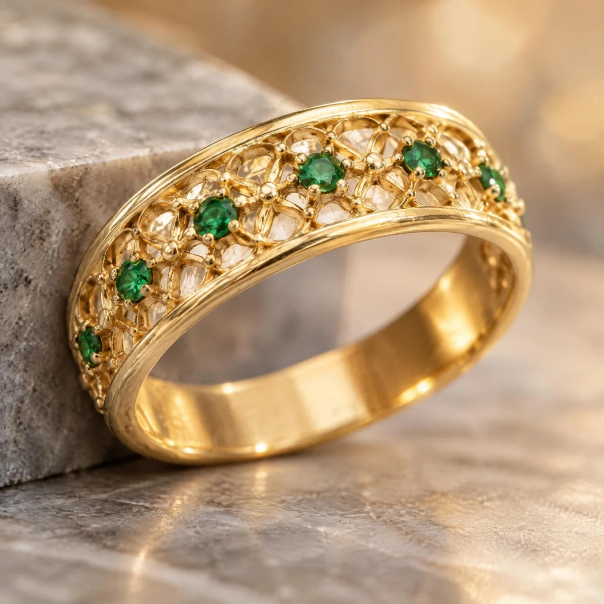 Anel de Formatura Renda Verde em ouro 18k, em foto de estúdio