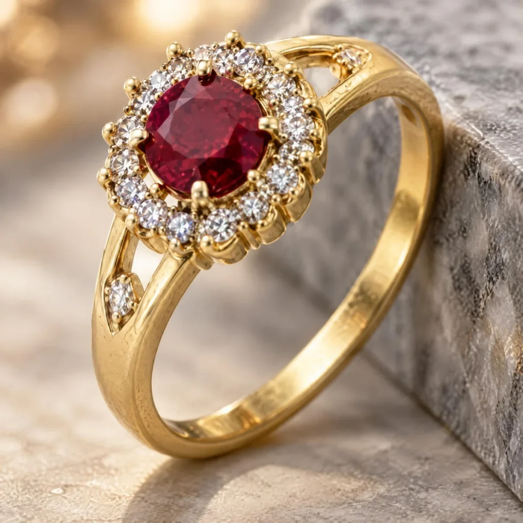 Anel de Formatura Rubi Feminino Halo Pleno em ouro 18k, em foto de estúdio