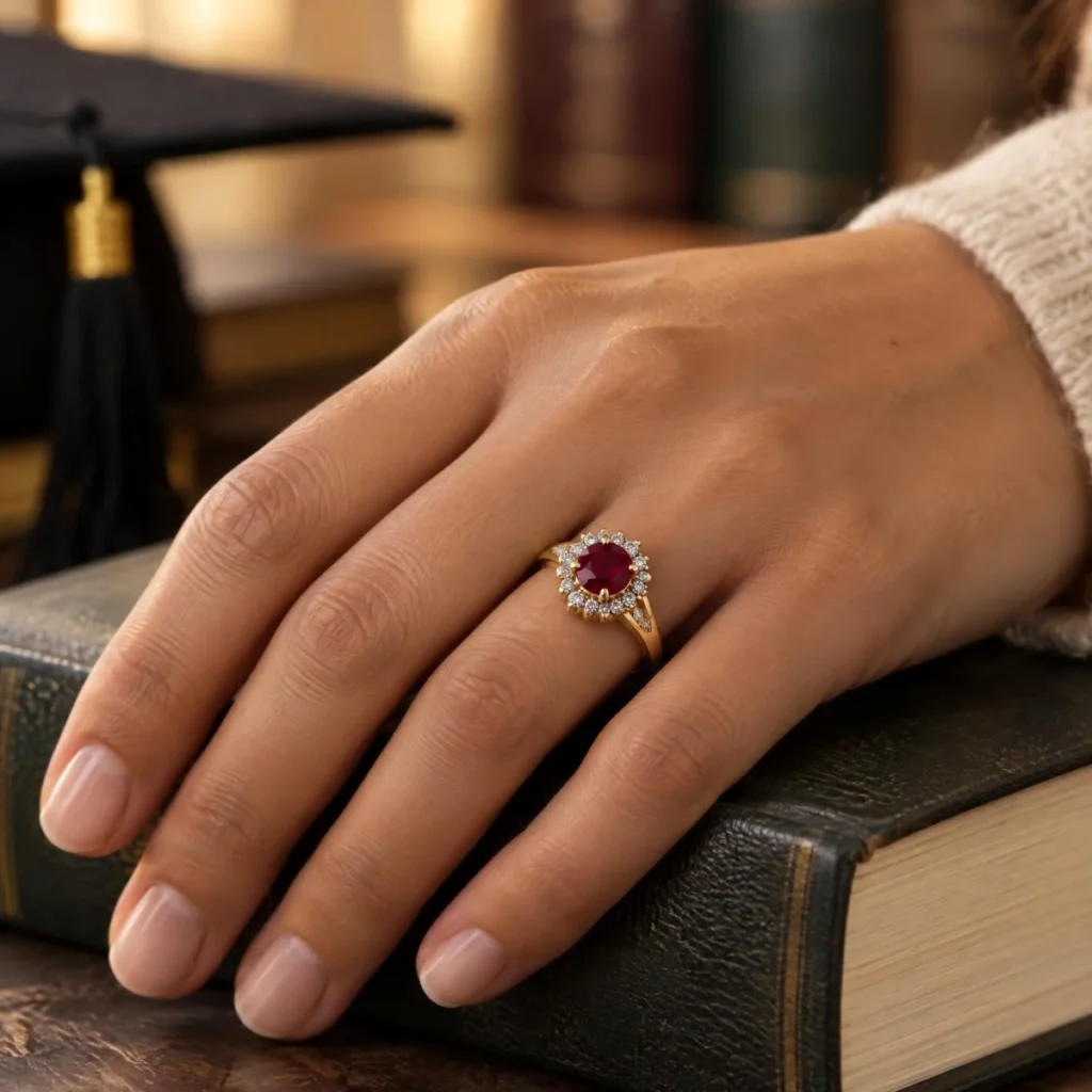 Anel de Formatura Rubi Feminino Halo Pleno em ouro 18k, na mão de uma modelo