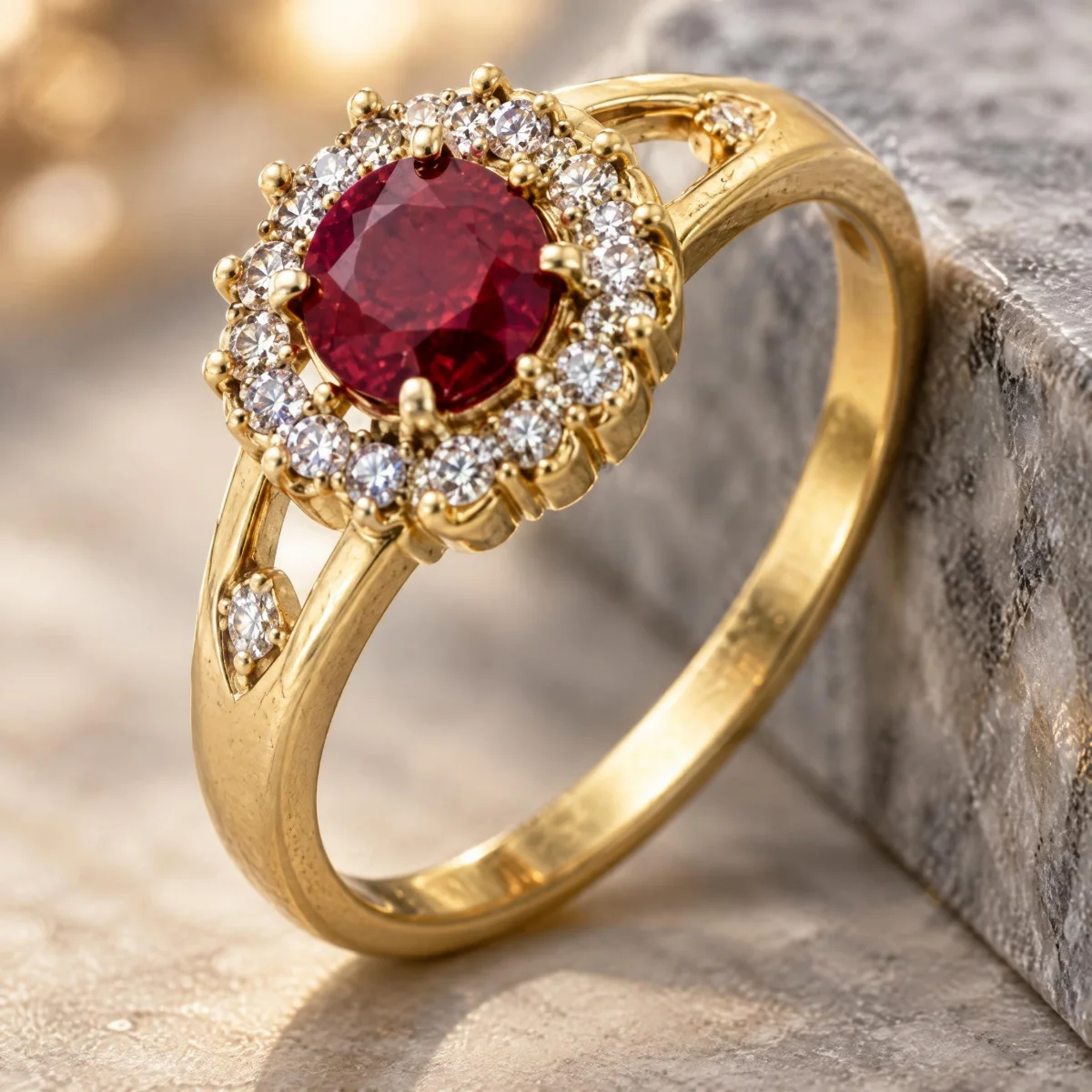 Anel de Formatura Rubi Feminino Halo Pleno em ouro 18k, em foto de estúdio