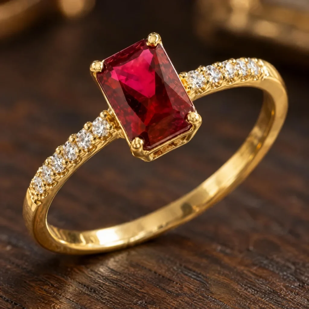 Anel de Formatura Rubi Retângulo em ouro 18k, em foto de estúdio