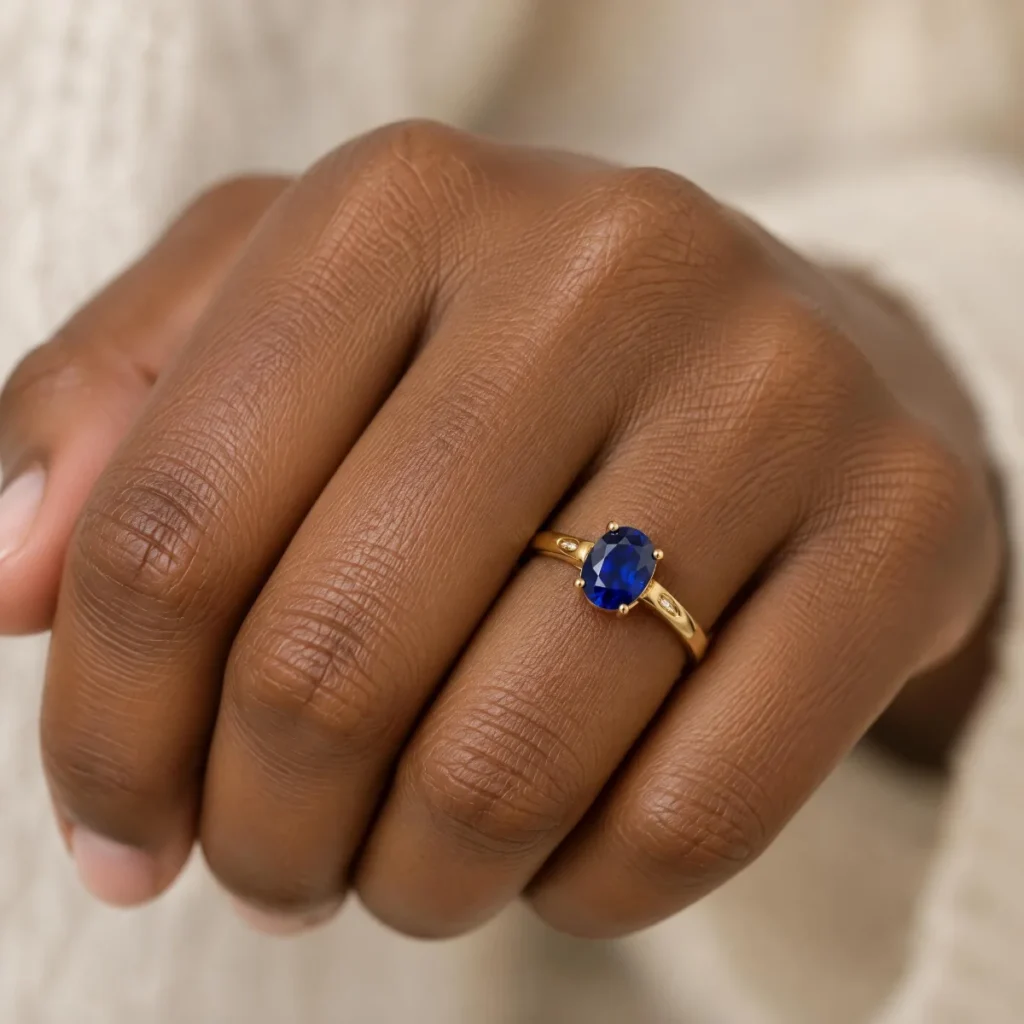 Anel de Formatura Safira Folha em ouro 18k, na mão de uma modelo