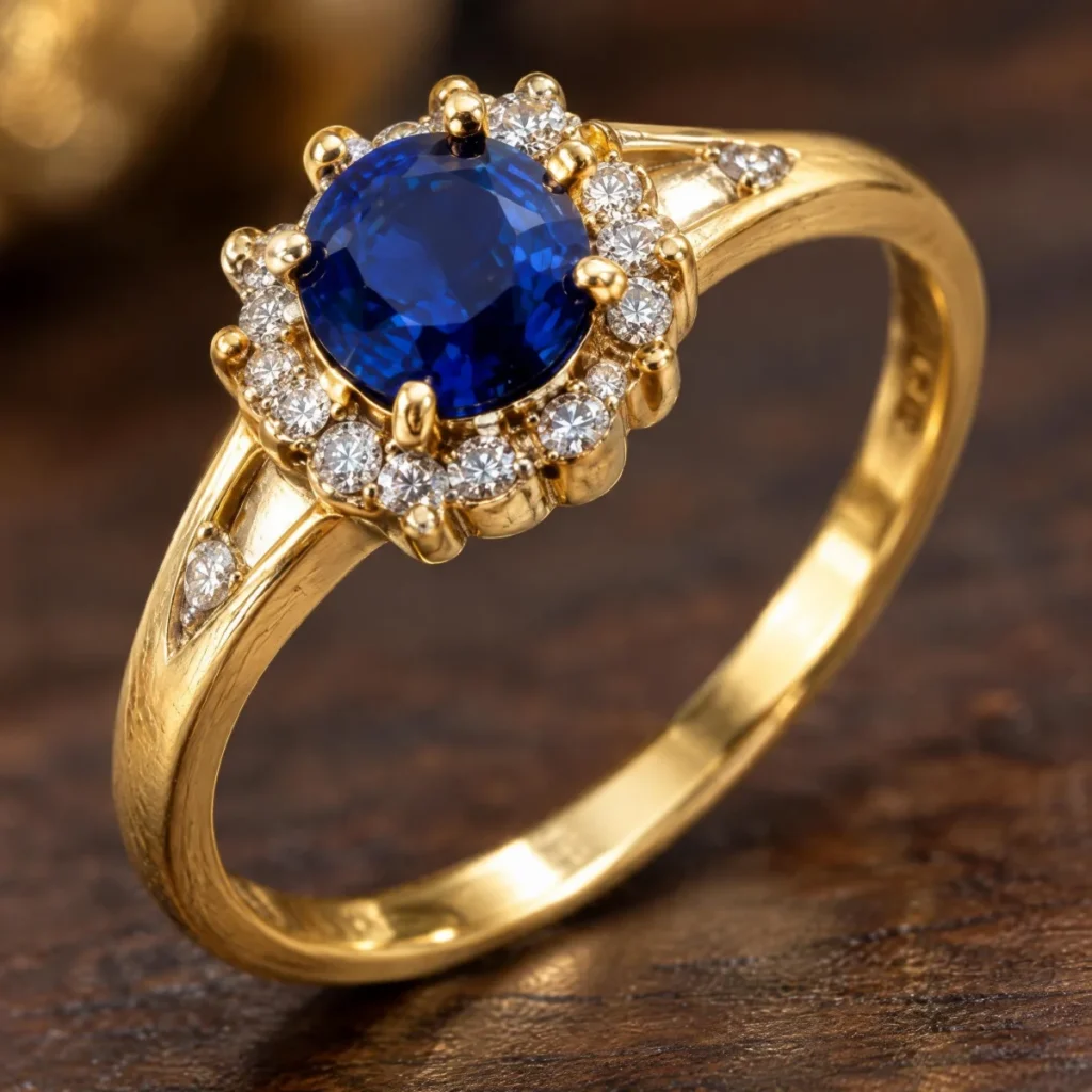 Anel de Formatura Safira Halo Fino em ouro 18k, em foto de estúdio
