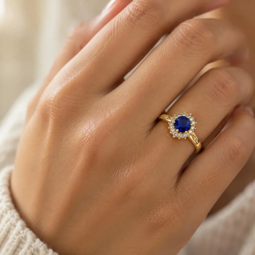Anel de Formatura Safira Halo Fino em ouro 18k, na mão de uma modelo