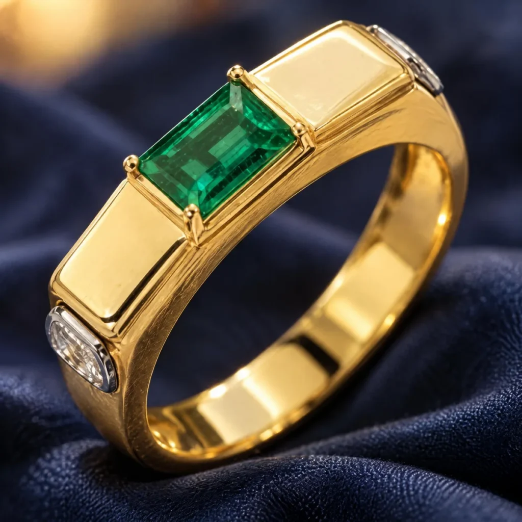 Anel de Formatura Simples Bezel Esmeralda em ouro 18k, em foto de estúdio