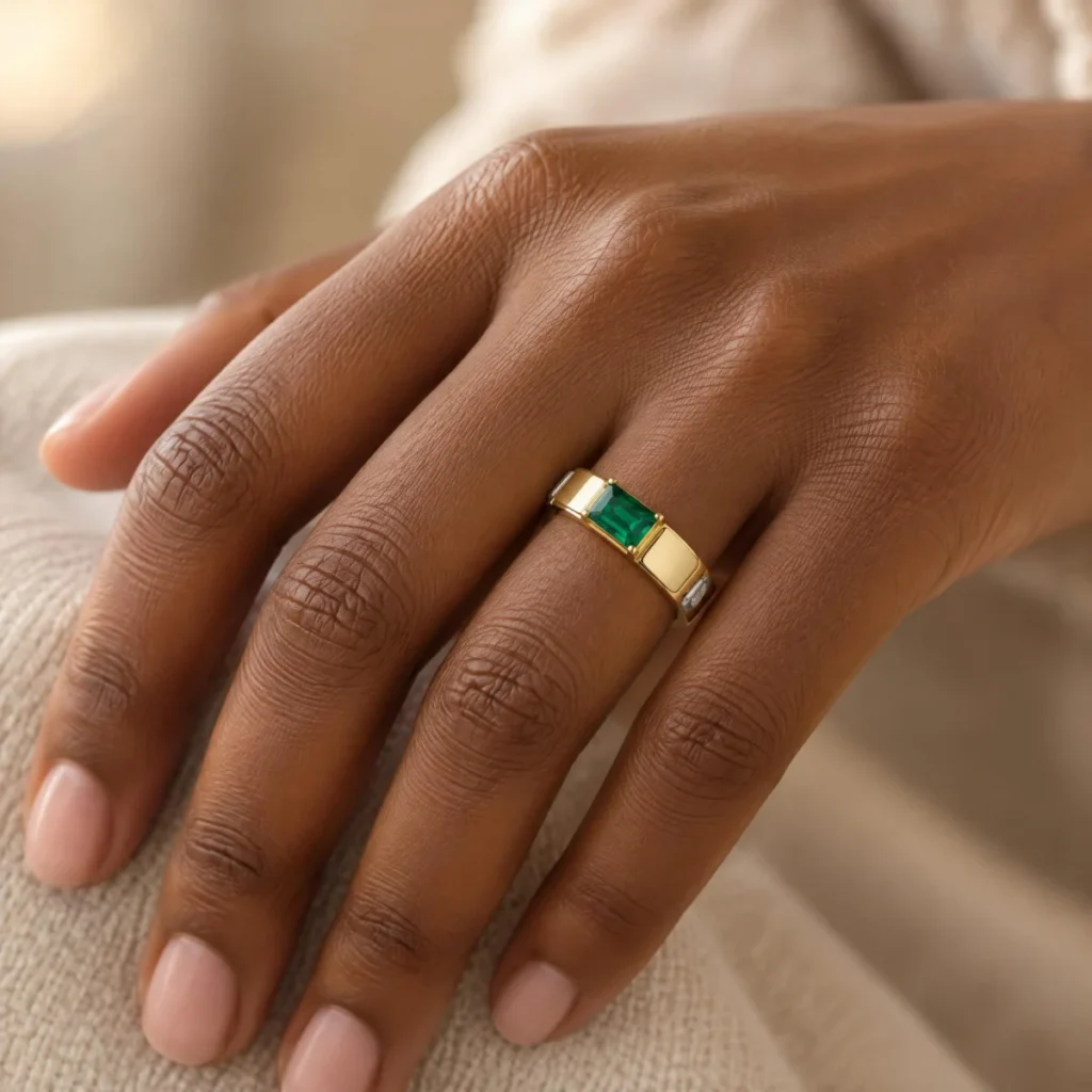 Anel de Formatura Simples Bezel Esmeralda em ouro 18k, na mão de uma modelo