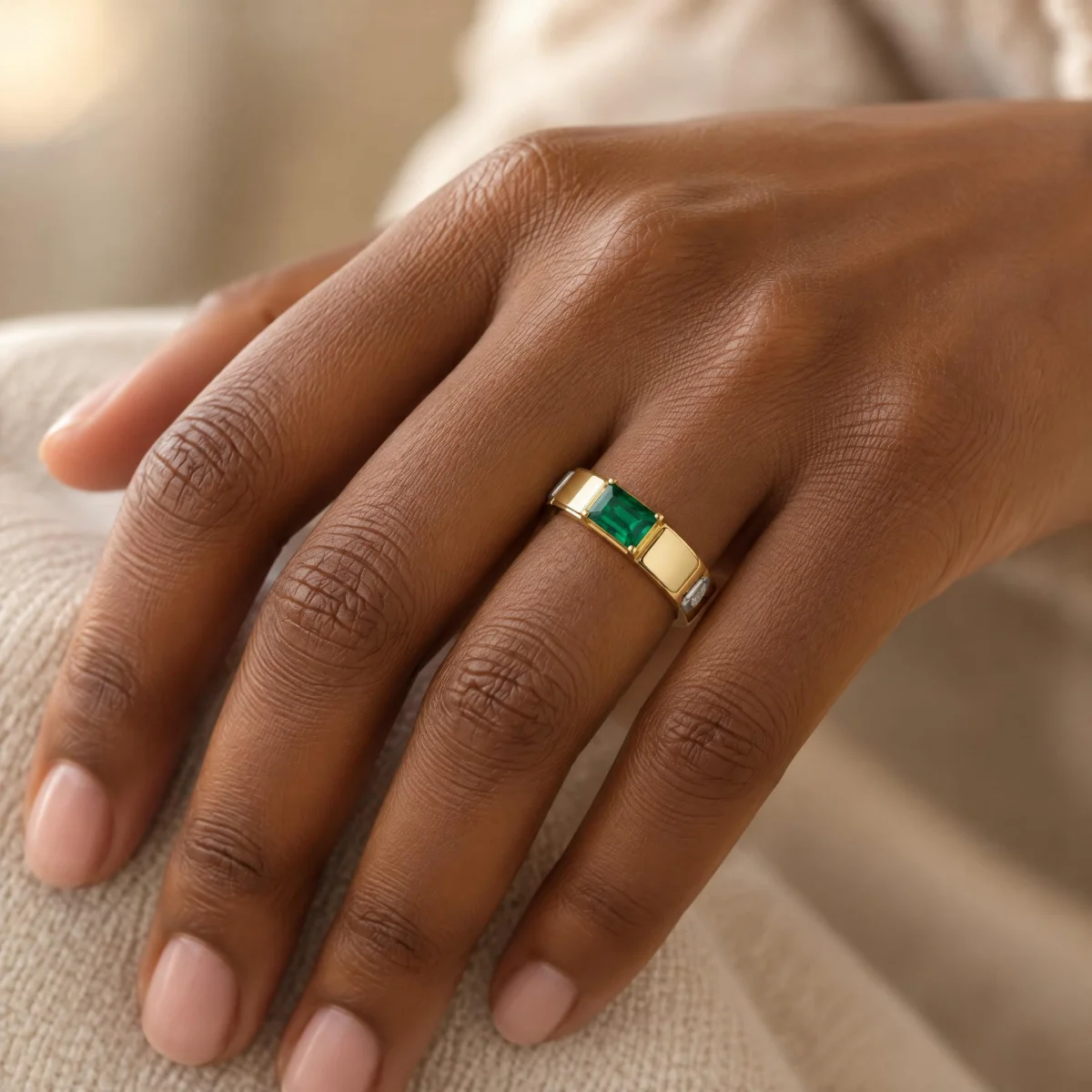 Anel de Formatura Simples Bezel Esmeralda em ouro 18k, na mão de uma modelo