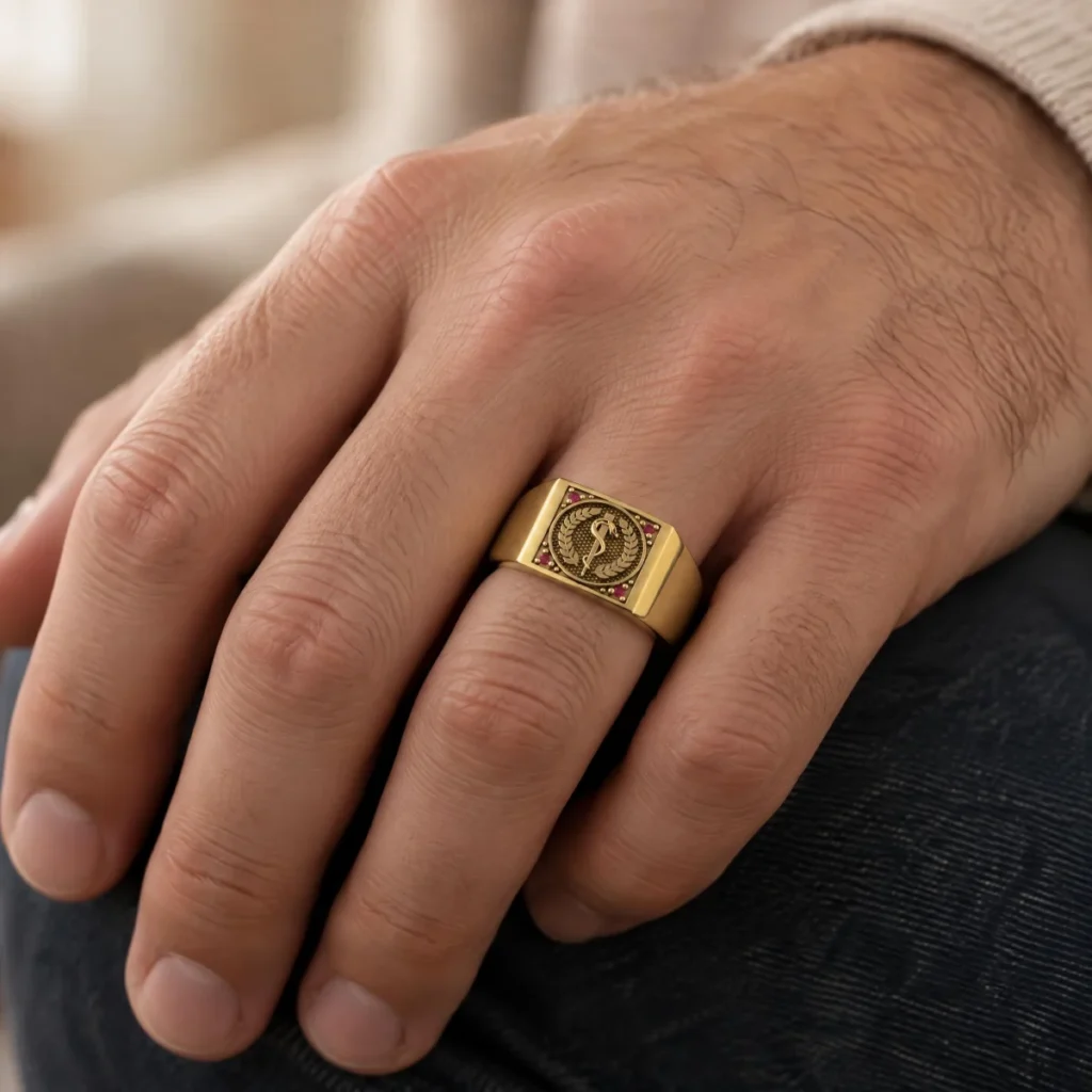 Anel de Formatura Sinete Caduceu em ouro 18k, na mão de uma modelo