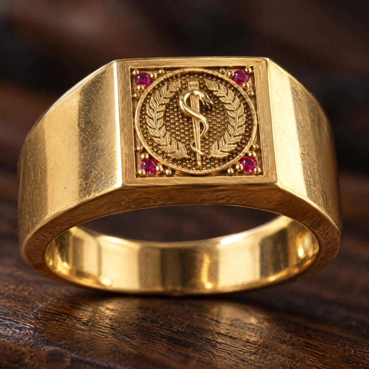 Anel de Formatura Sinete Caduceu em ouro 18k, em foto de estúdio
