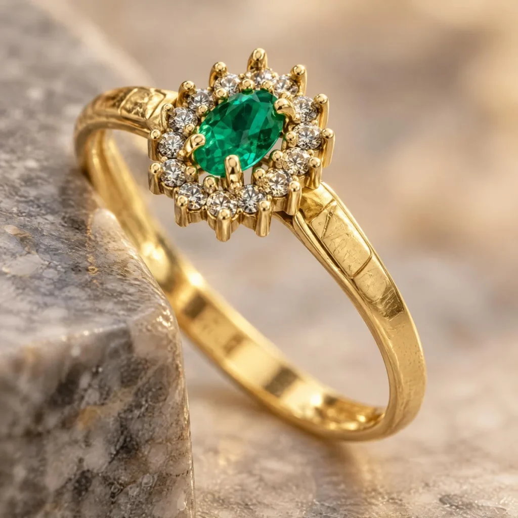 Anel de Formatura de Técnico de Enfermagem Esmeralda em ouro 18k, em foto de estúdio