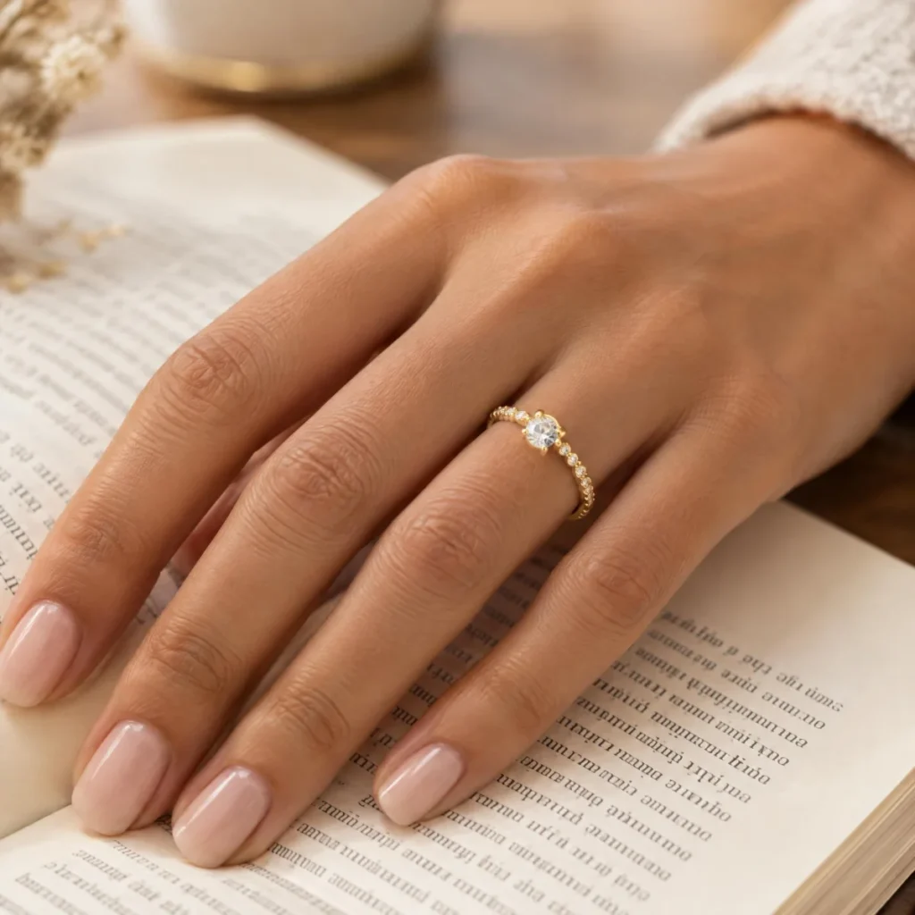 Anel de Noivado com Diamante ou Zircônia Cravejado em ouro 18k, na mão de uma modelo