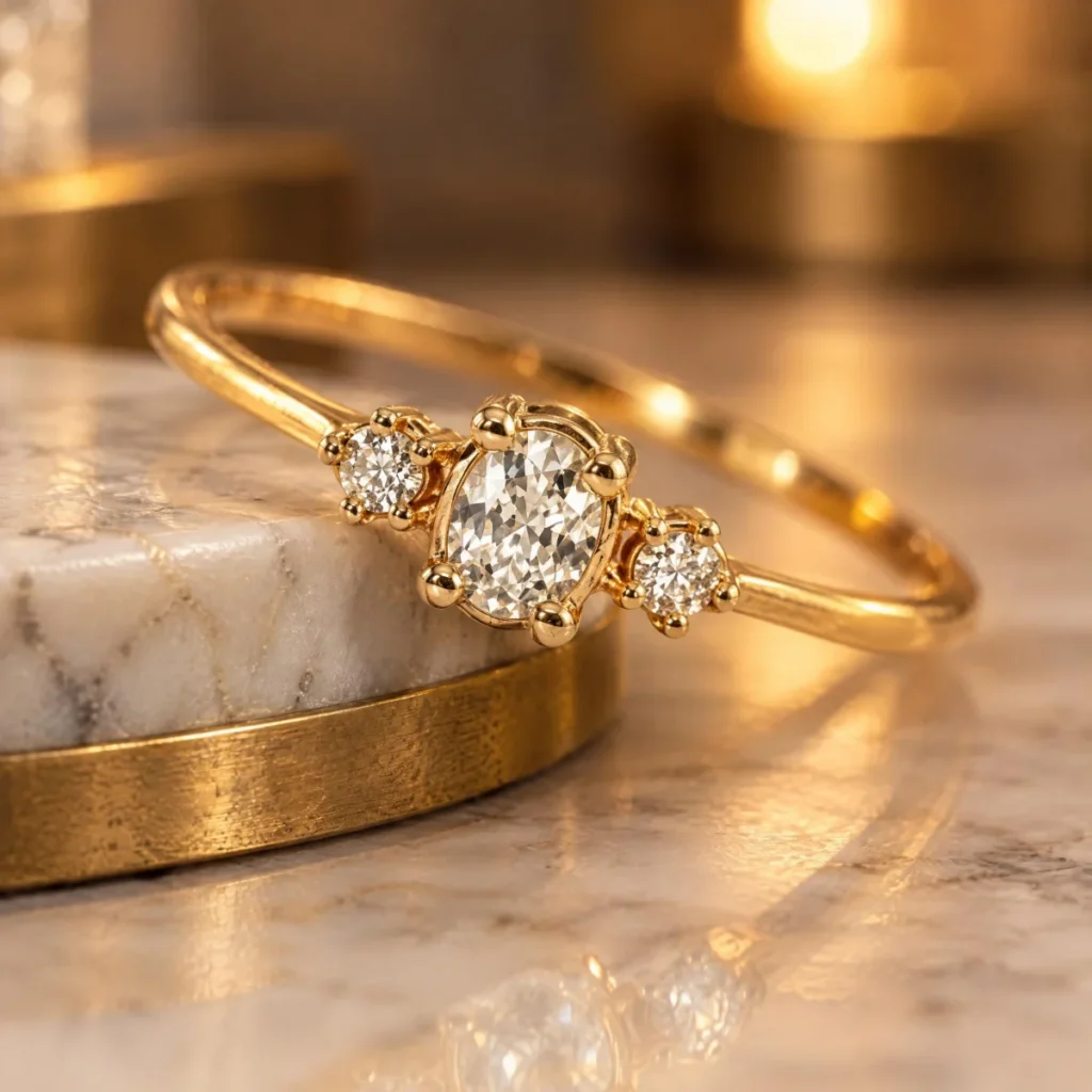 Anel de Noivado Delicado Oval com Duas Laterais em ouro 18k, em foto de estúdio