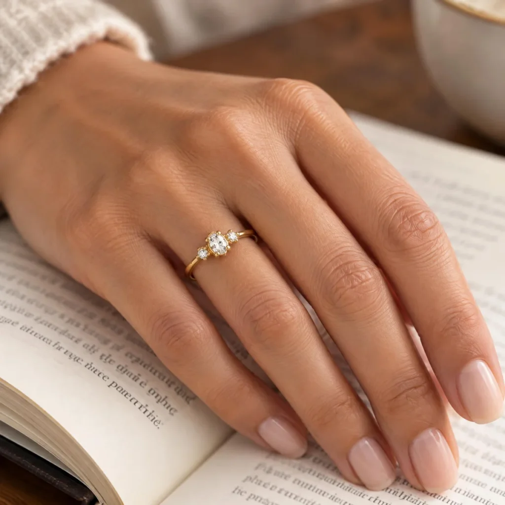 Anel de Noivado Delicado Oval com Duas Laterais em ouro 18k, na mão de uma modelo
