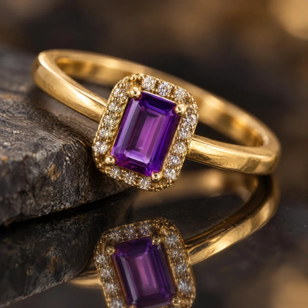 Anel de Noivado Diferente com Ametista e Halo em ouro 18k, em foto de estúdio