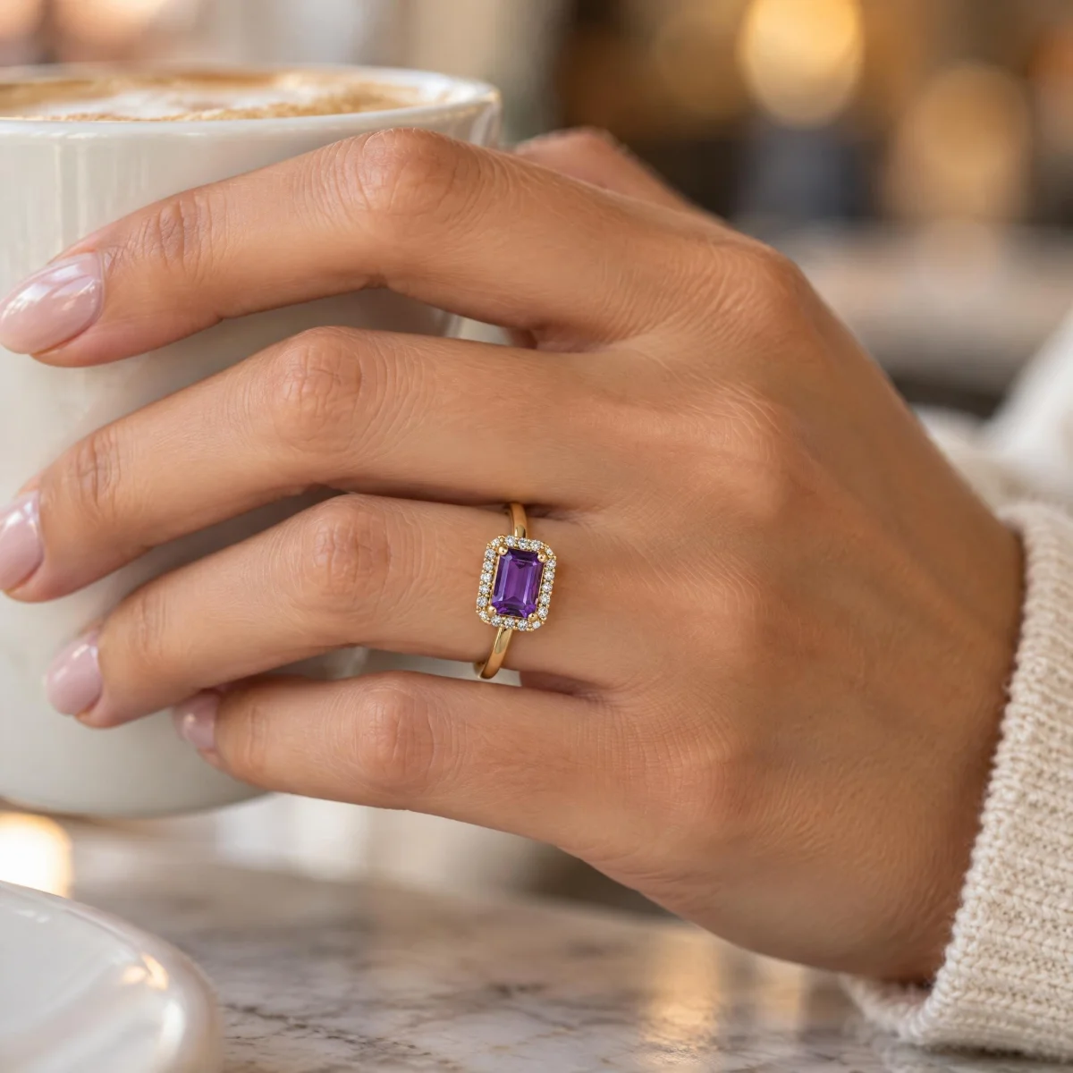 Anel de Noivado Diferente com Ametista e Halo em ouro 18k, na mão de uma modelo