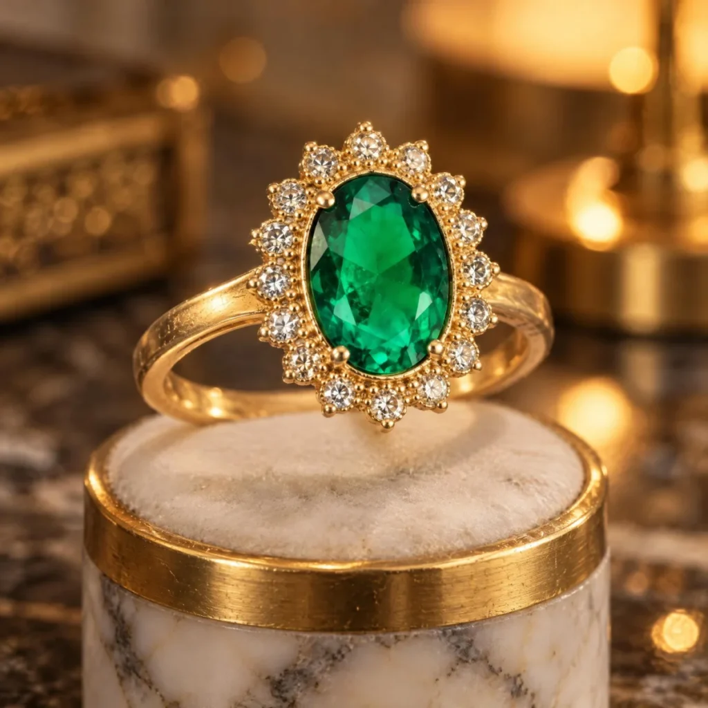 Anel de Noivado Esmeralda Oval com Halo em ouro 18k, em foto de estúdio