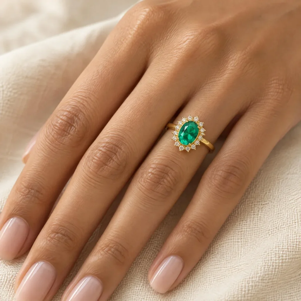 Anel de Noivado Esmeralda Oval com Halo em ouro 18k, na mão de uma modelo