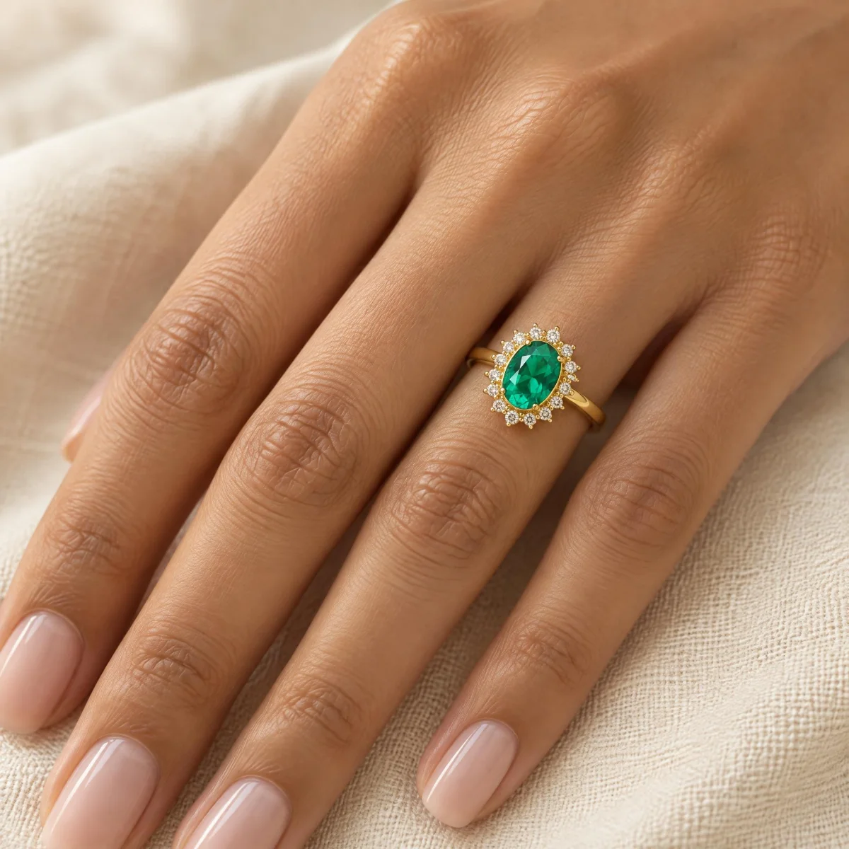 Anel de Noivado Esmeralda Oval com Halo em ouro 18k, na mão de uma modelo