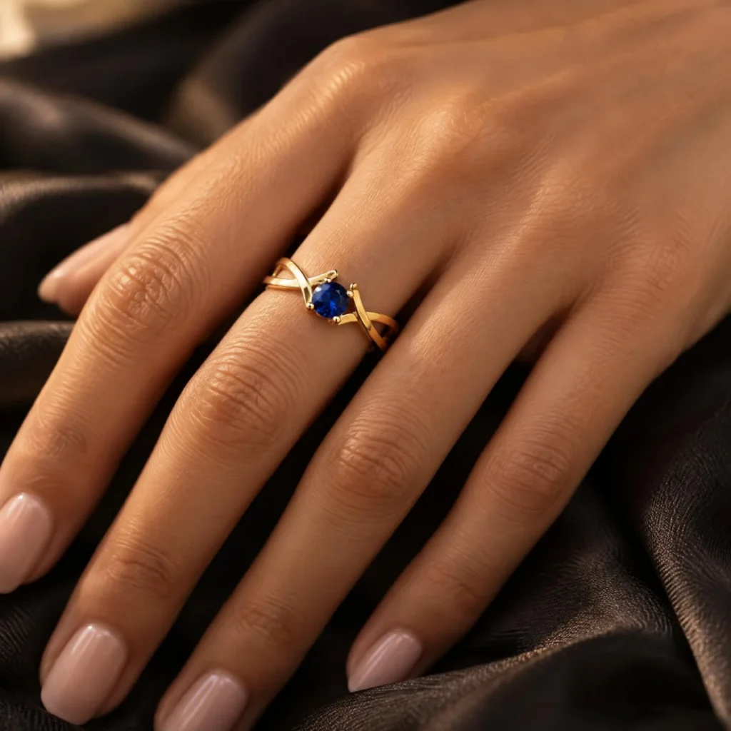 Anel de Noivado Safira com Aro Infinito em ouro 18k, na mão de uma modelo