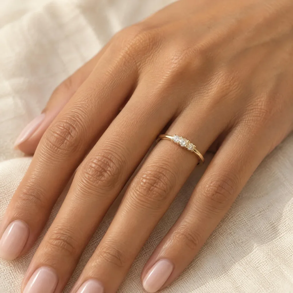 Anel de Noivado Simples com Três Pedras em ouro 18k, na mão de uma modelo