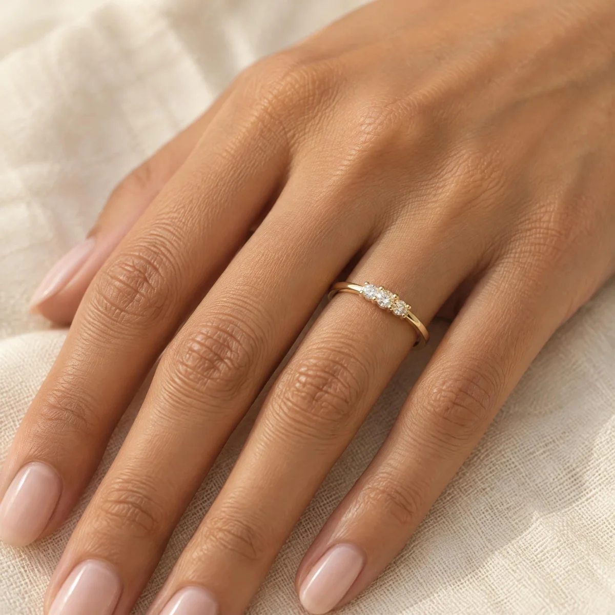Anel de Noivado Simples com Três Pedras em ouro 18k, na mão de uma modelo