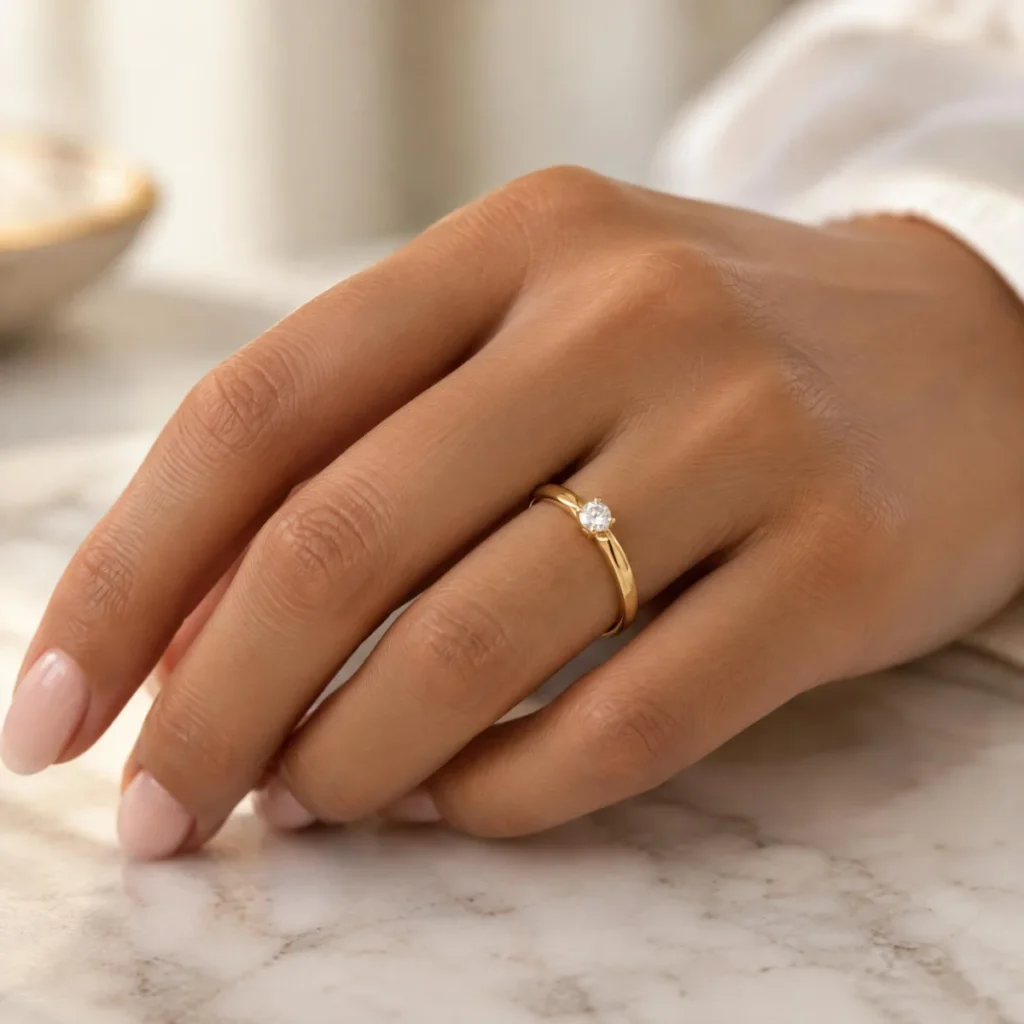 Anel de Pedido de Casamento Solitário Clássico em ouro 18k, na mão de uma modelo