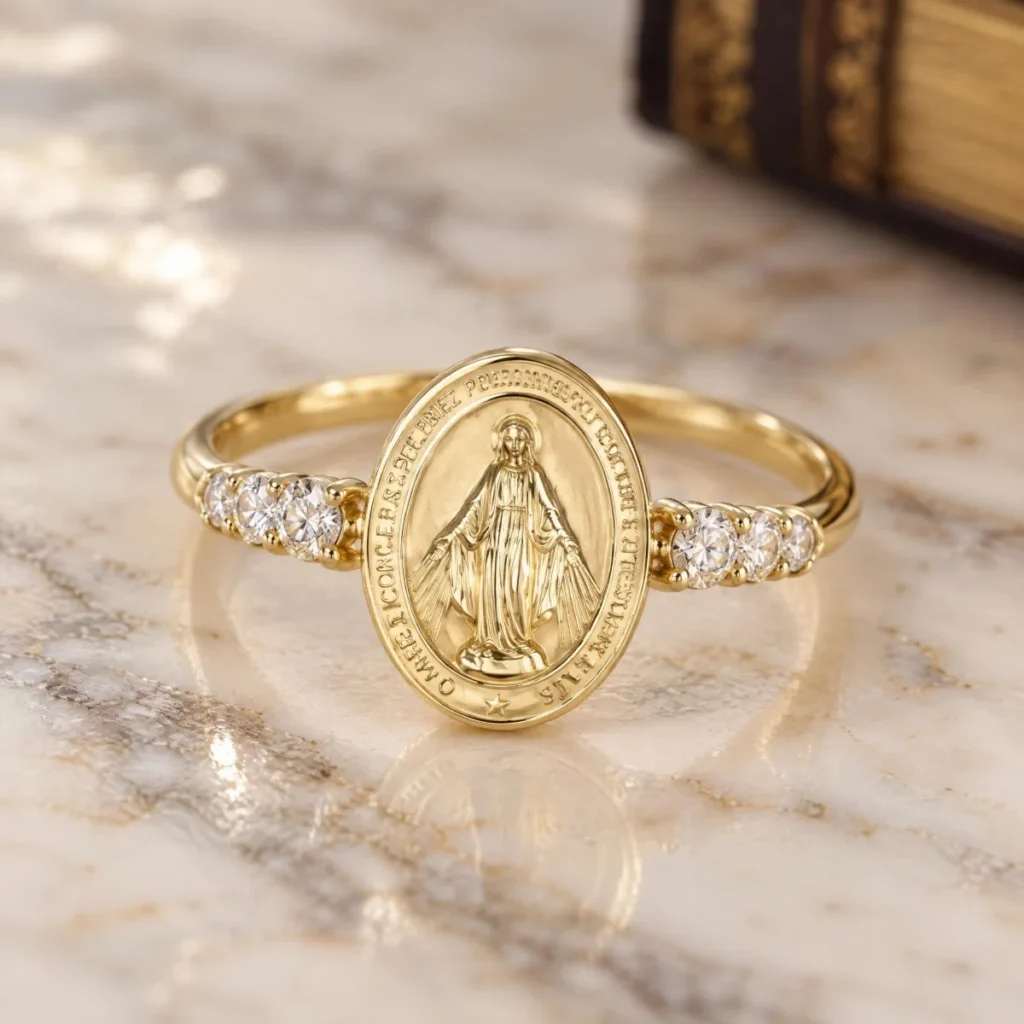 Anel Nossa Senhora das Graças em Ouro 18k com Brilhantes, em foto de estúdio