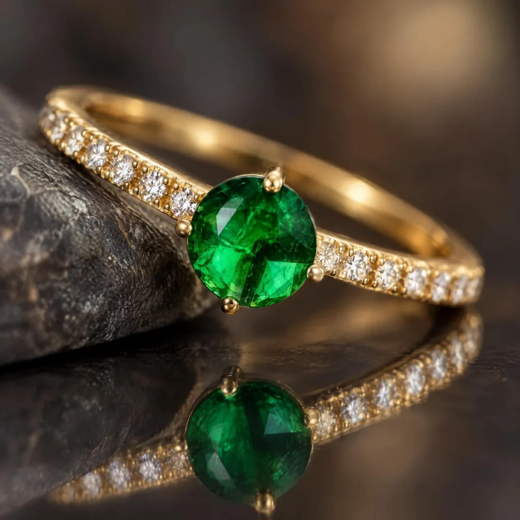 Anel Solitário com Esmeralda e Laterais Cravejadas em ouro 18k, em foto de estúdio